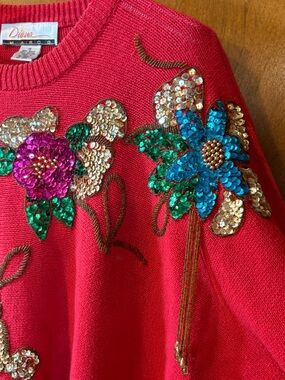 Vintage Diana Marco Red Sequin Floral Crewneck Sweater